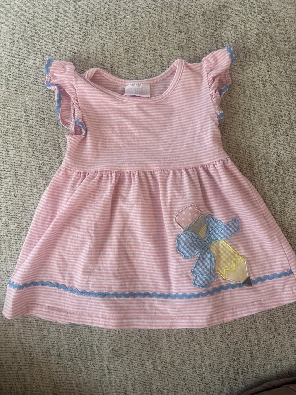 Stitchy Fish Pink Striped Girls' Casual Dress with Blue Trim